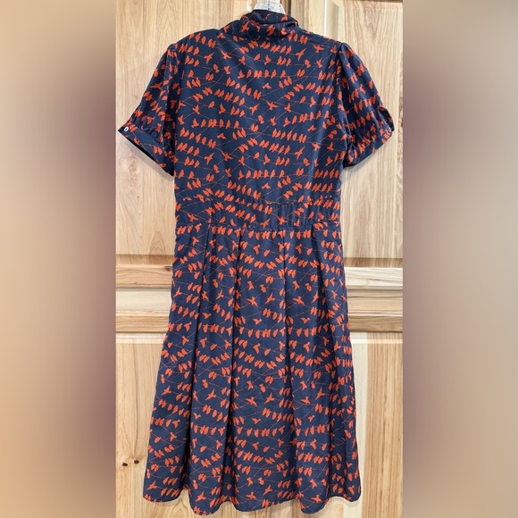 Pink Martini Navy Dress with Red/Orange Bird Design 50’s Vibes Tie Neck Vintage - Picture 6 of 14